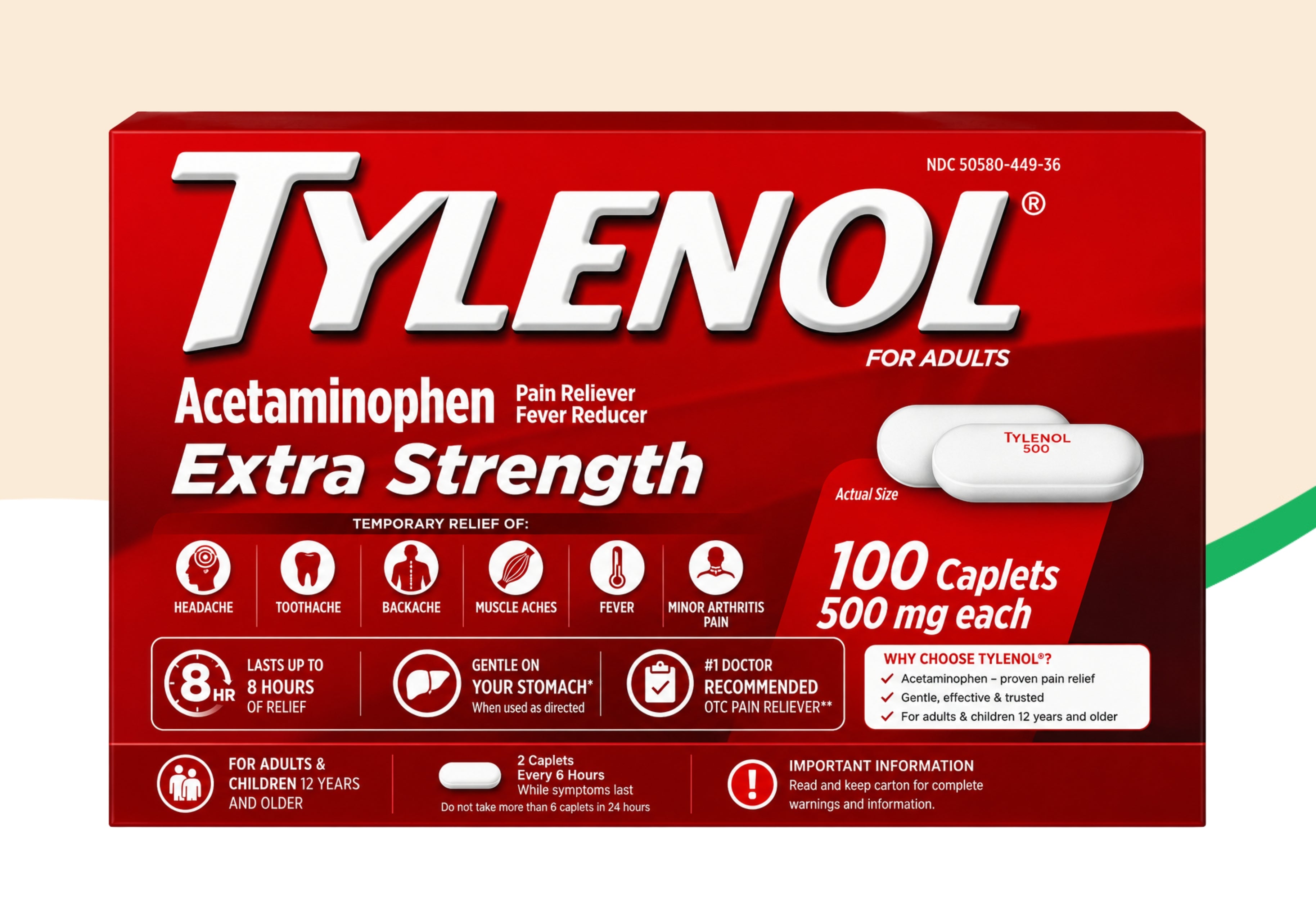 Tylenol Extra Strength Caplets, Fever Reducer and Pain Reliever, 500 mg, 100 ct.