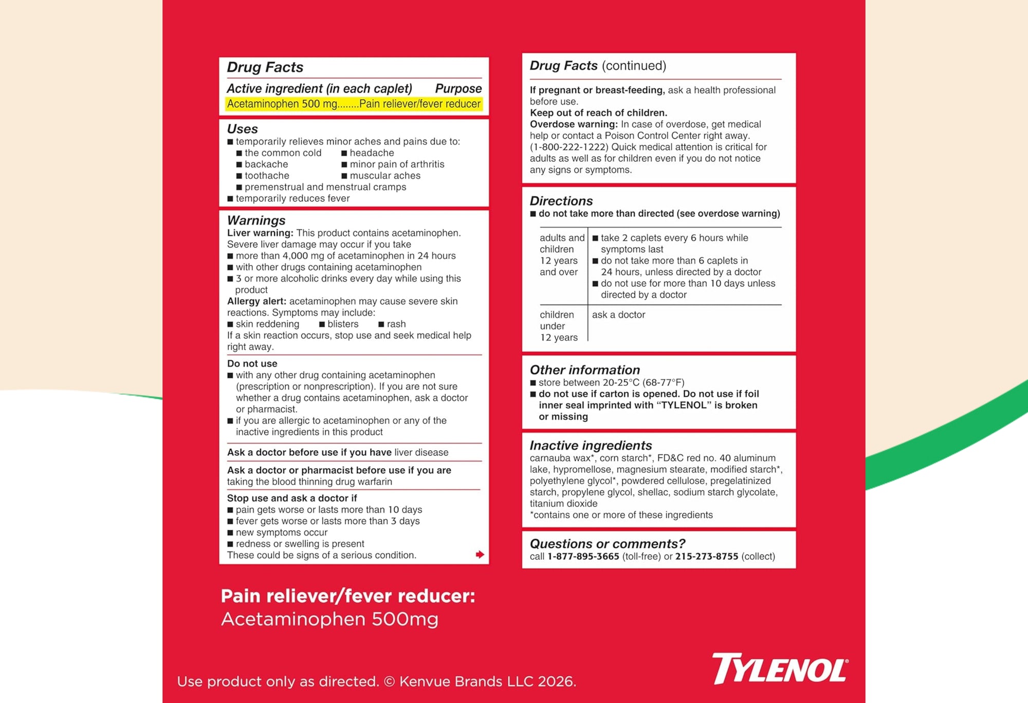 Tylenol Extra Strength Caplets, Fever Reducer and Pain Reliever, 500 mg, 100 ct.