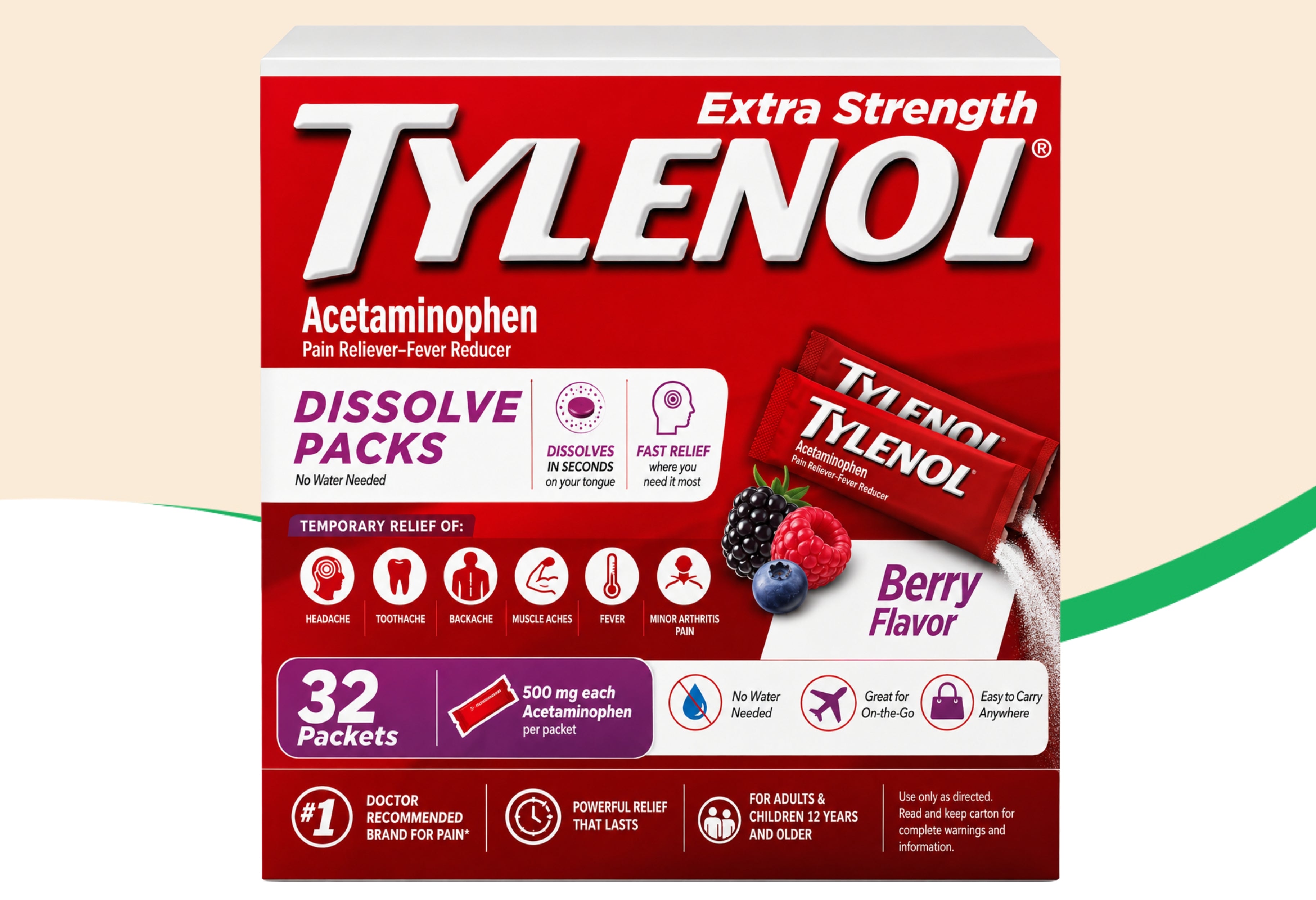 Tylenol Pain and Fever Powder Packs for Adults, Berry Flavor, 32 ct.