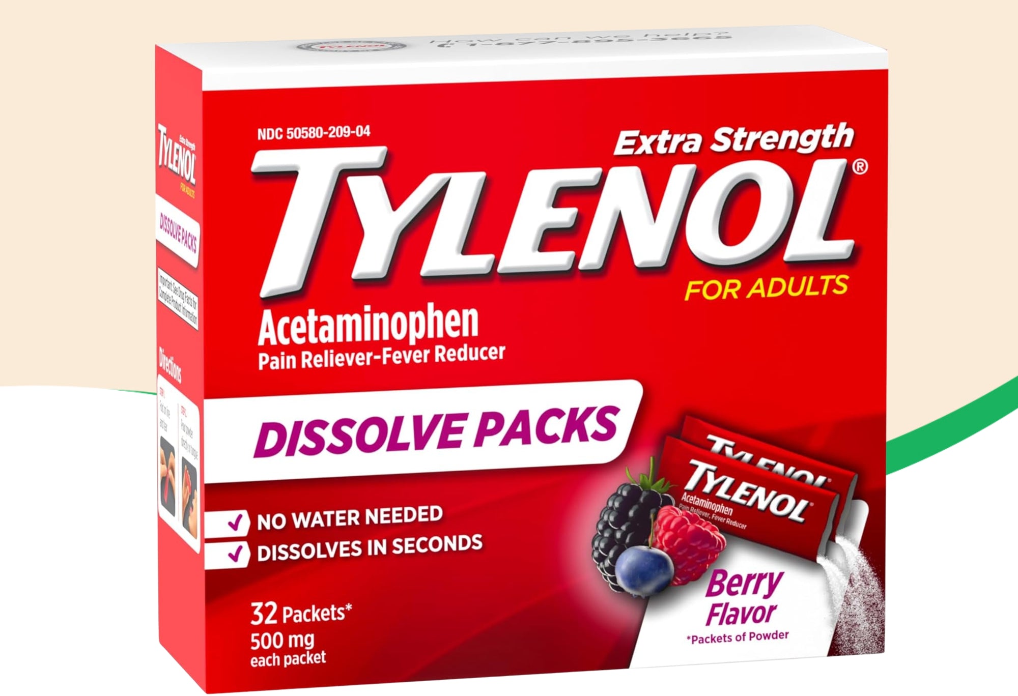 Tylenol Pain and Fever Powder Packs for Adults, Berry Flavor, 32 ct.