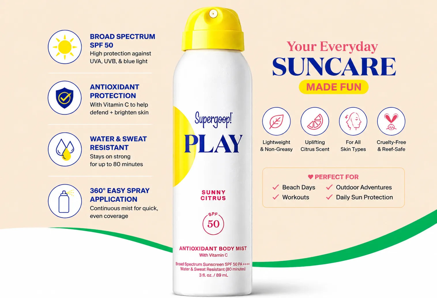 Supergoop! PLAY Antioxidant Body Mist SPF 50 with Vitamin C, 3 oz.