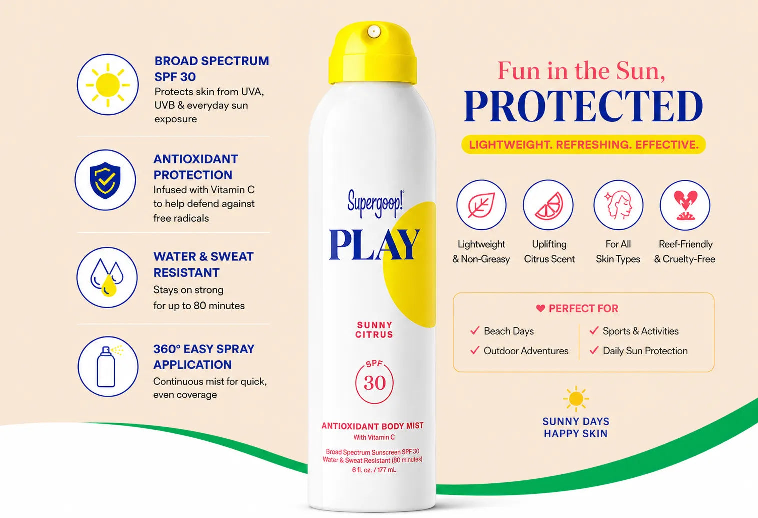 Supergoop! PLAY Antioxidant Body Mist SPF 30 with Vitamin C, 6 oz.