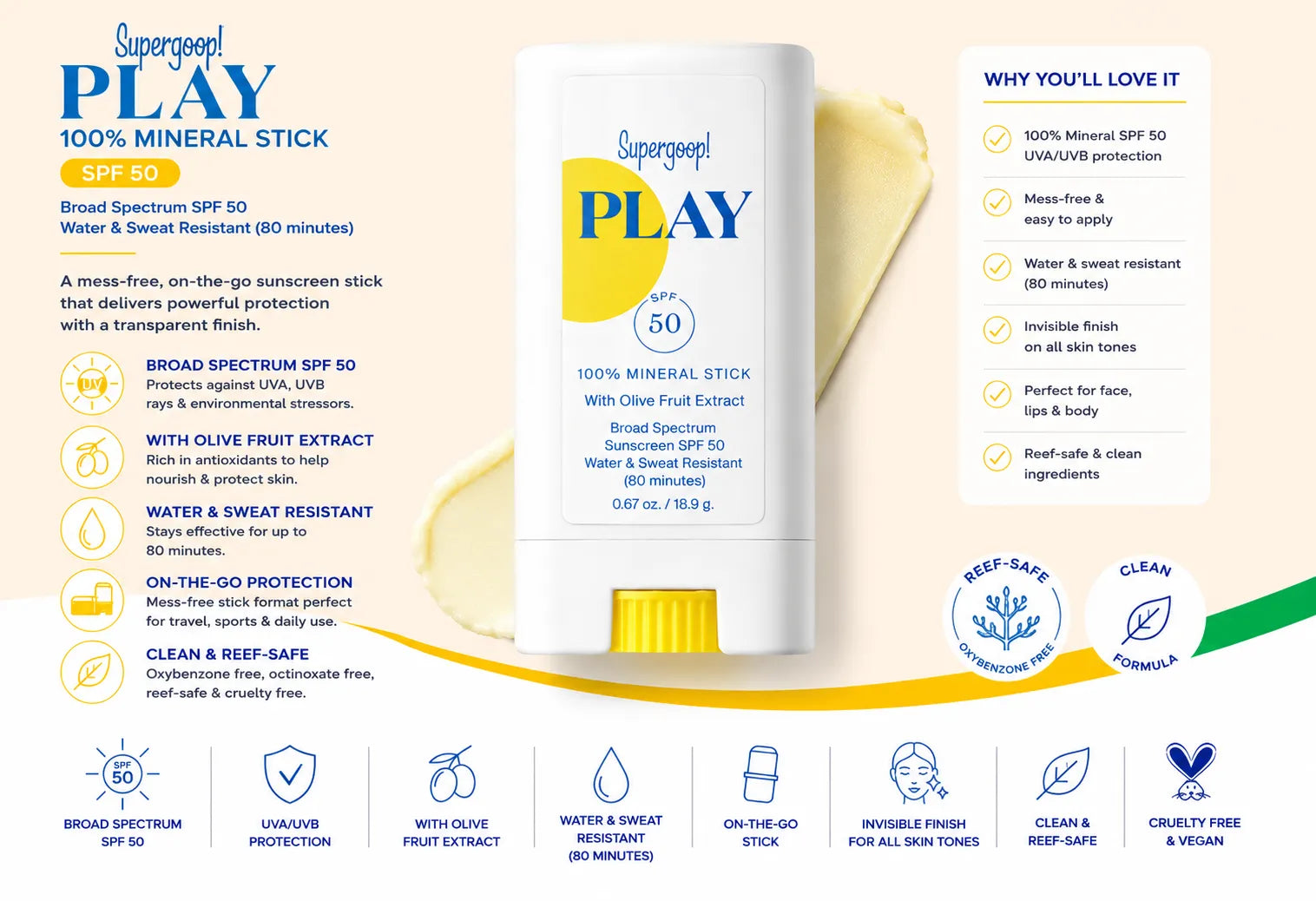 Supergoop! PLAY 100% Mineral Stick, SPF 50 with Olive Fruit Extract, .67 oz.